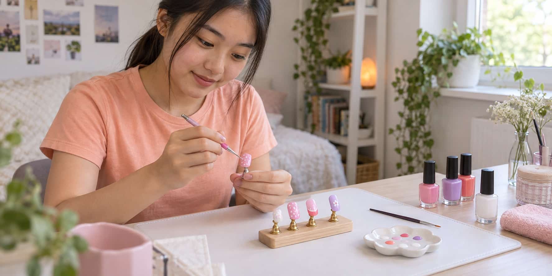 A teenage learner uses a dotting tool to decorate a pink practice nail tip, with colourful nail-art designs on a display stand.