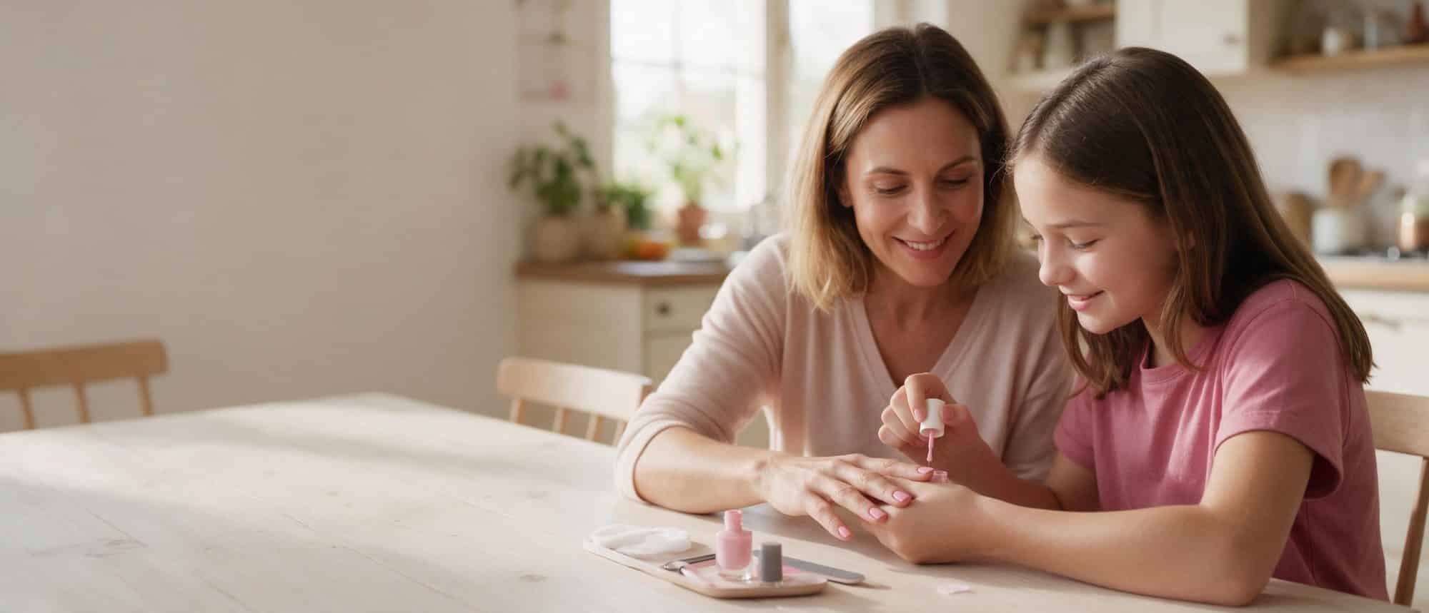 A girl painting her mother’s fingernails with pink polish at a kitchen table at home