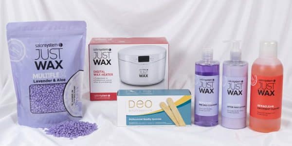 Hot Waxing Kit with Just Wax Multiflex Lavender & Aloe hot wax, wax heater, pre and after-wax lotions and Deo spatulas