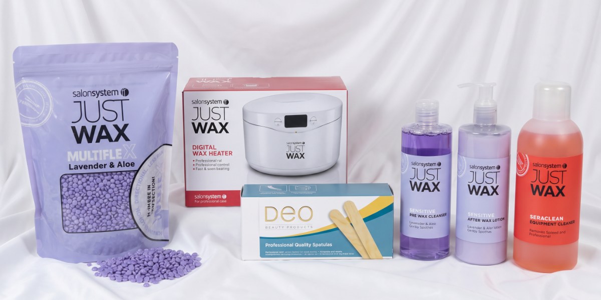 Hot Waxing Kit with Just Wax Multiflex Lavender & Aloe hot wax, wax heater, pre and after-wax lotions and Deo spatulas