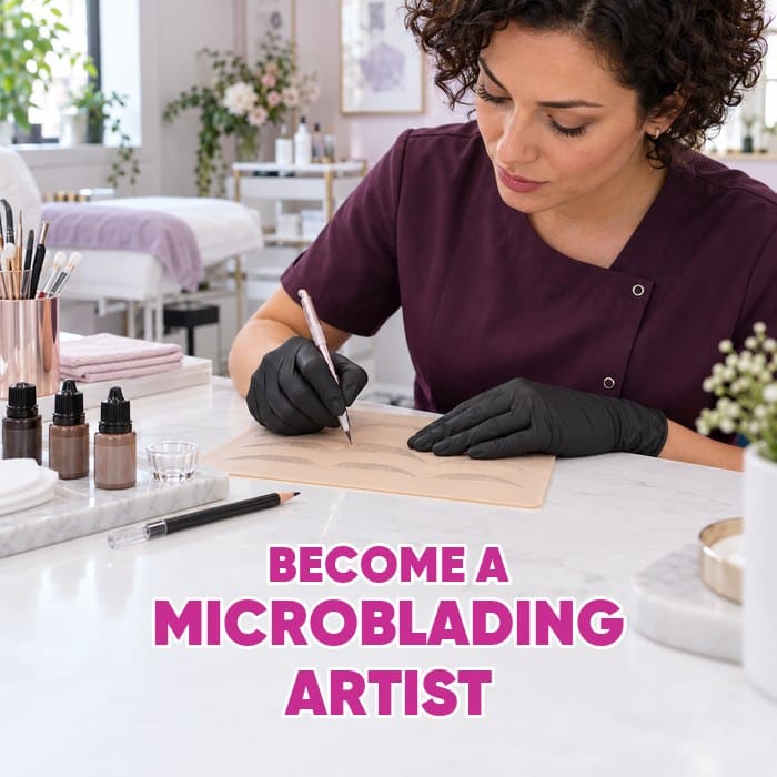 A learner practising eyebrow strokes on synthetic skin, with the headline “Become a microblading artist”.