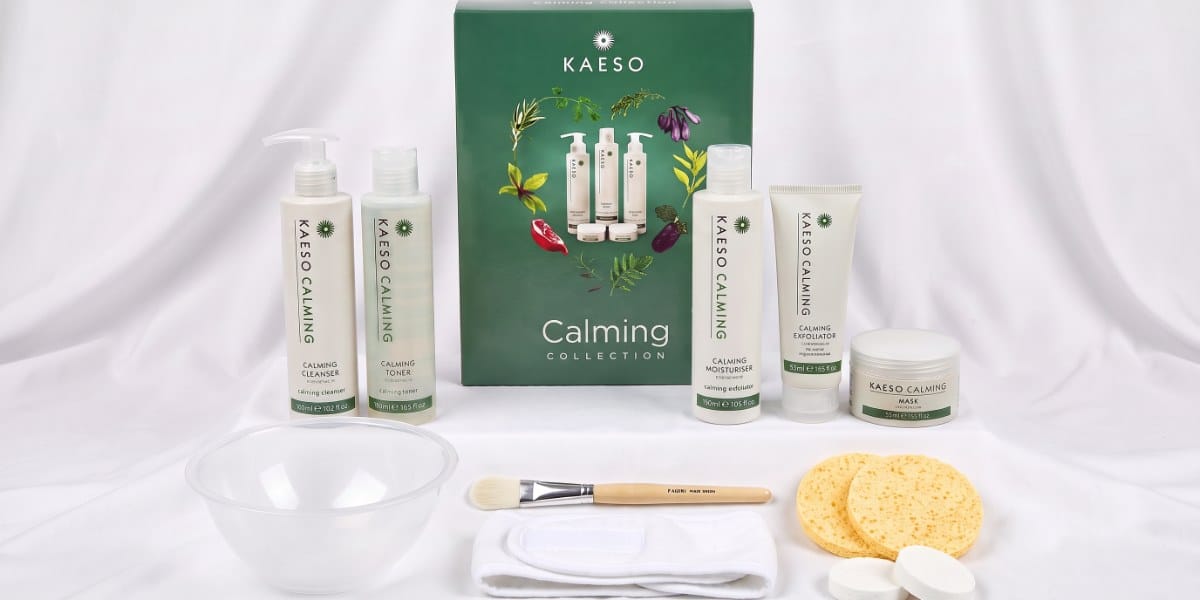 Facial Kit: Kaeso Calming cleanser, toner, moisturiser, exfoliator and mask, with mask brush, bowl and sponges