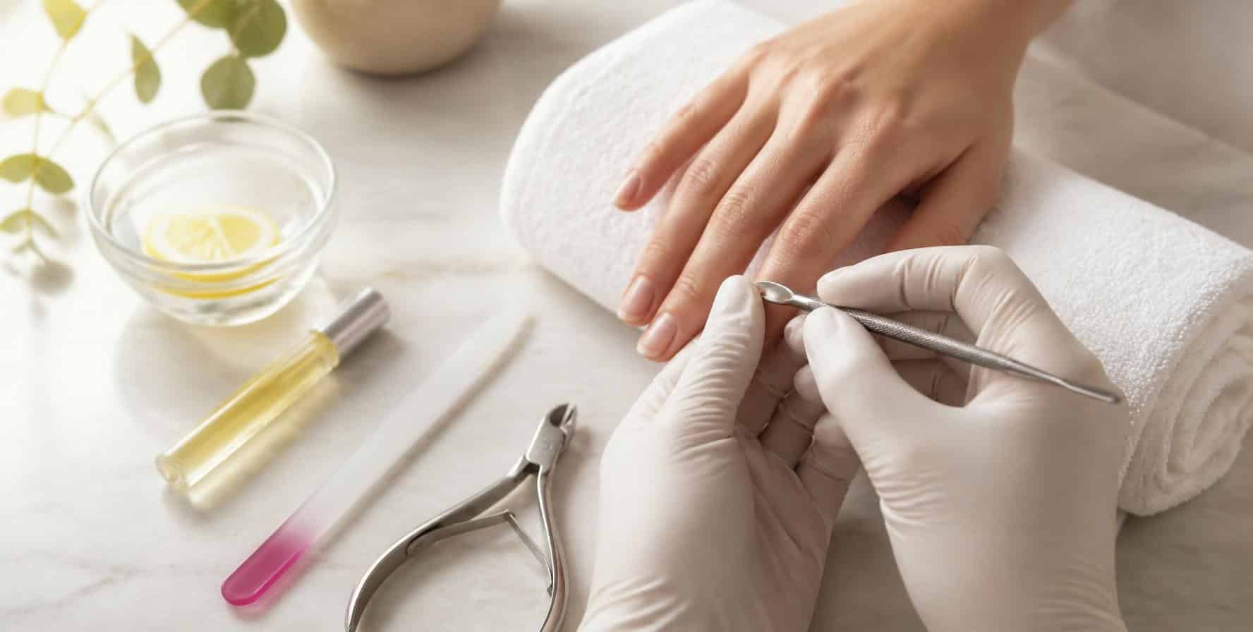 Nail technician wearing gloves using a cuticle pusher on a client’s bare natural nails, with a file, nippers and cuticle oil on the table