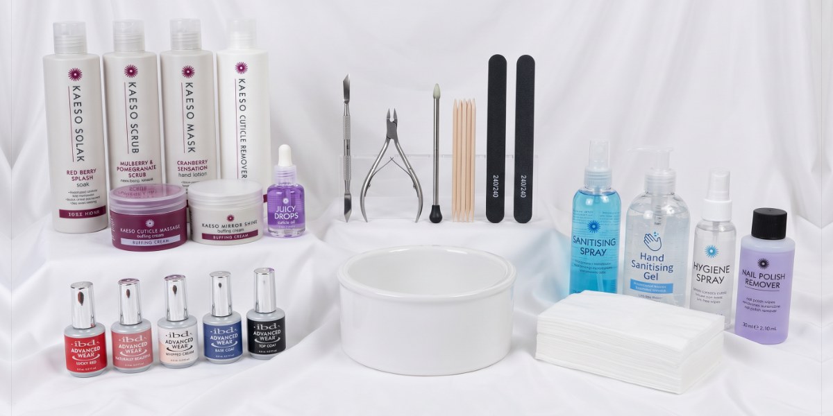 Manicure Kit with Kaeso hand care products, IBD polishes, manicure tools and hygiene products