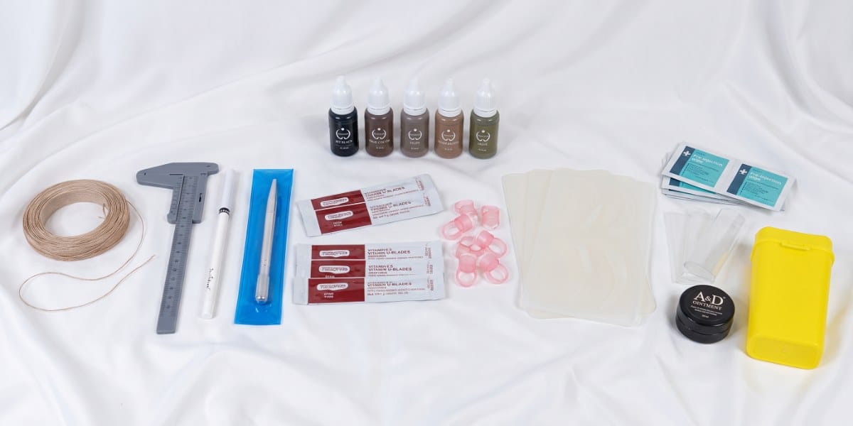 Microblading Kit with Biotouch pigments, microblading pen, blades, mapping tools and practice skins