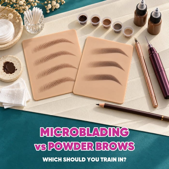 Synthetic brow practice pads with hair strokes and shaded brows beside microblading and permanent makeup tools