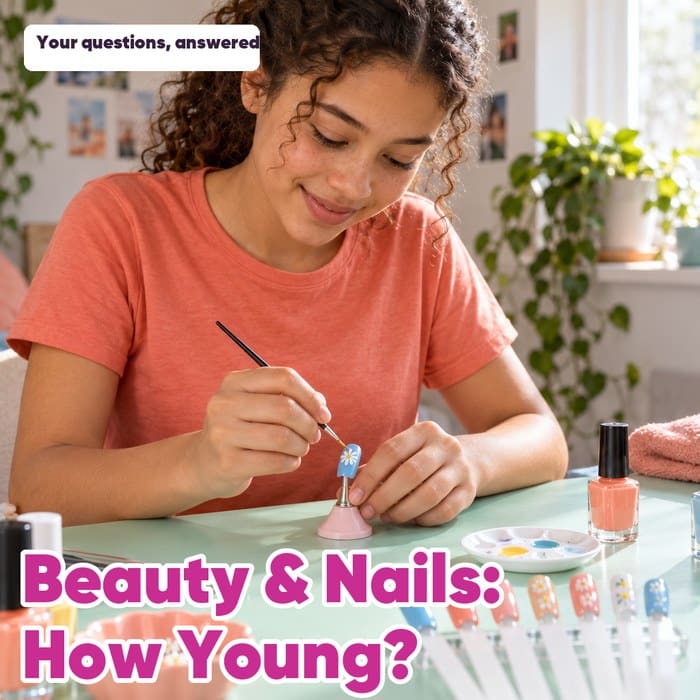 Young learner painting a daisy on an artificial nail, with the headings “Beauty & Nails: How Young?” and “Your questions, answered”.