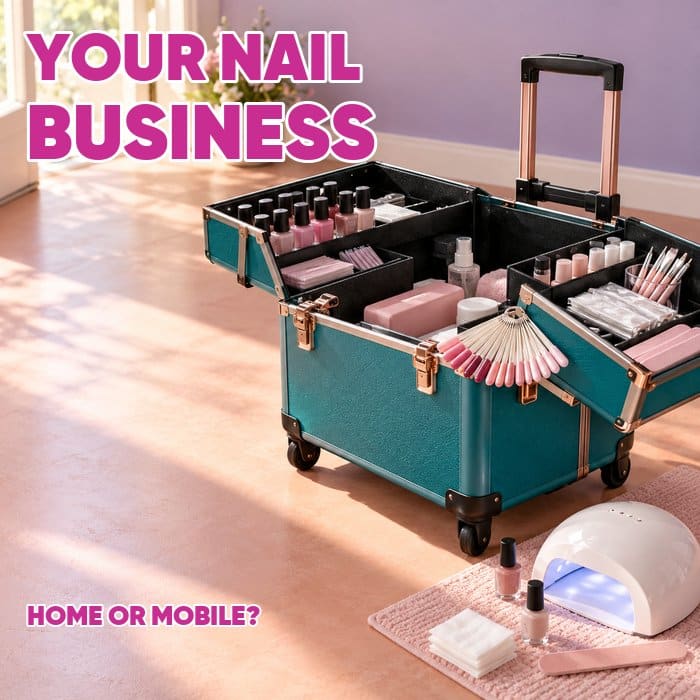 Teal wheeled nail kit with polish bottles and colour swatches, with the words Your Nail Business and Home or Mobile?