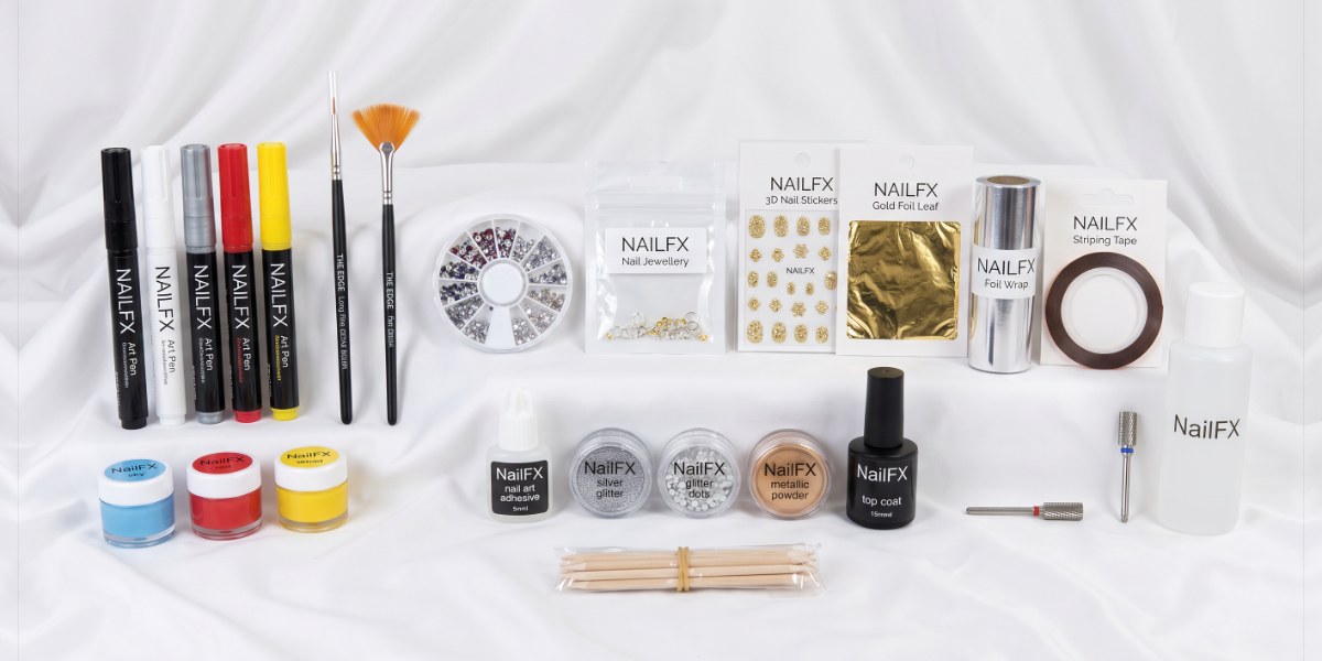 Nail Art Kit: NailFX art pens, paints, rhinestones, foils, glitters and top coat, with The Edge nail art brushes