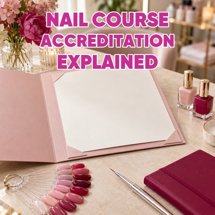 Nail Course Accreditation Explained headline above a blank certificate folder, pink nail samples and polish bottles.