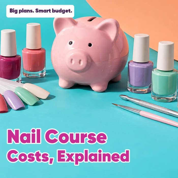 Pink piggy bank beside colourful nail polishes and swatches, with “Nail Course Costs, Explained” and “Big plans. Smart budget.”