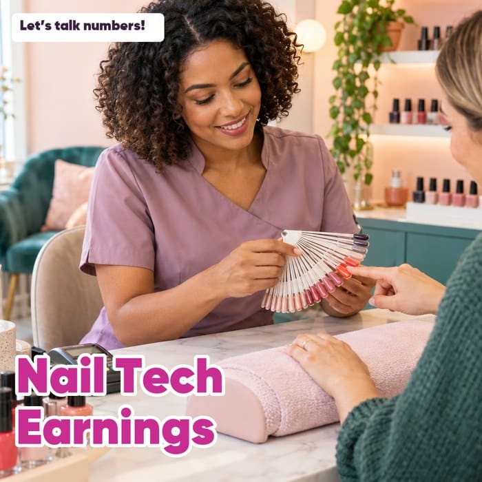 Nail technician helping a client choose a polish shade, with the words “Nail Tech Earnings” and “Let’s talk numbers!”