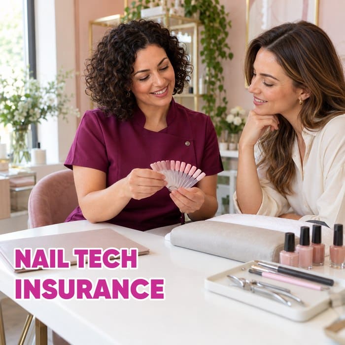 Nail technician and client choosing nail colours, with the headline Nail Tech Insurance