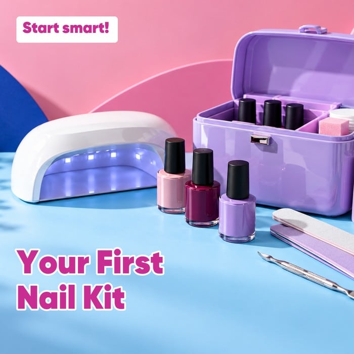 Nail lamp, polish bottles and manicure tools beside a lilac case, with the words “Your First Nail Kit” and “Start smart!”