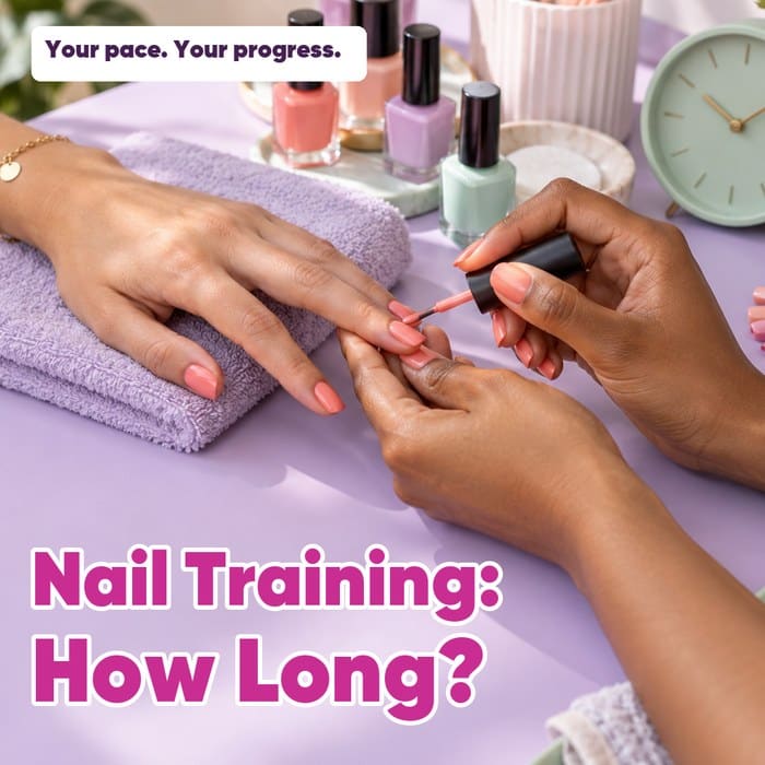 Hands practising a coral manicure beside a mint clock, with the words ‘Your pace. Your progress.’ and ‘Nail Training: How Long?’