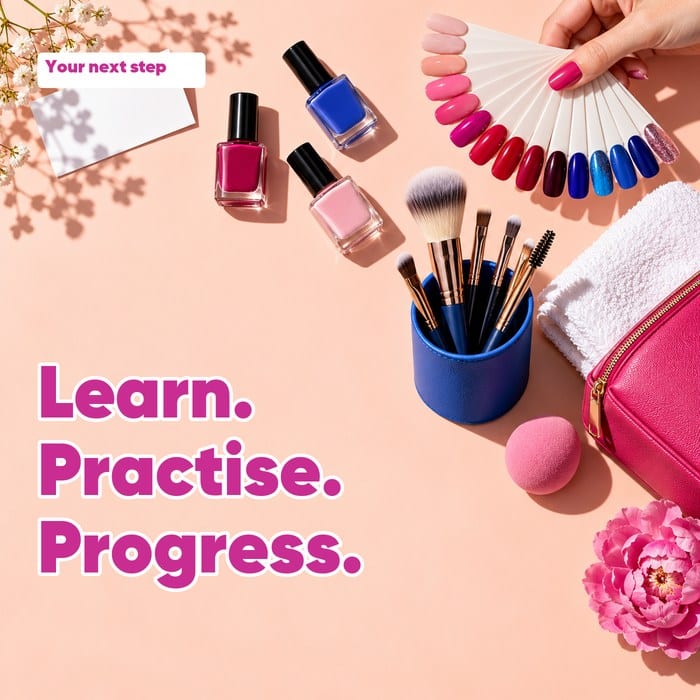 Nail colour swatches, polish bottles and makeup brushes, with “Learn. Practise. Progress.” and “Your next step”.