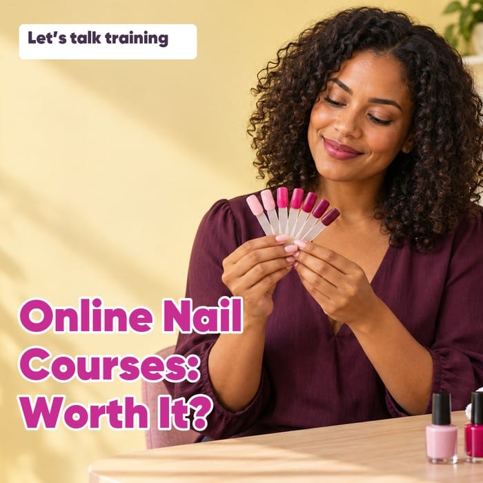 Woman holding pink and berry nail swatches, with the heading “Online Nail Courses: Worth It?” and the label “Let’s talk training”.