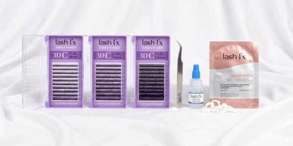 Russian Lashes Kit: Lash FX 3D C curl volume fans, Easy Lift tweezer, sensitive adhesive and under-eye gel patches