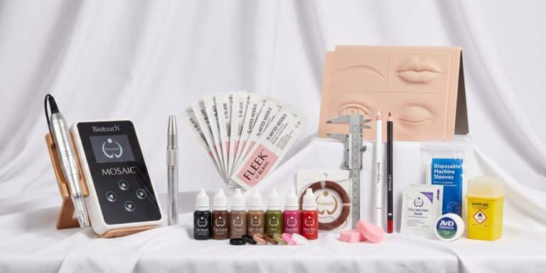 SPMU and Microblading Kit: Biotouch Mosaic machine, microblading pen, Fleek blades, Biotouch pigments, practice skins