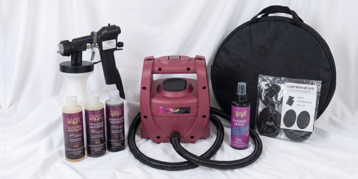 Spray Tan Kit: Crazy Angel spray tan machine, tanning tent, three Mistress tanning solutions and barrier spray
