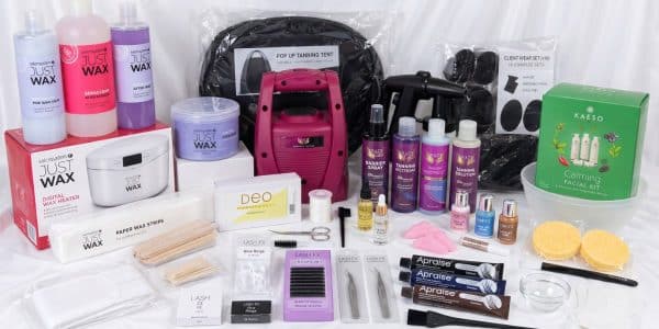 Ultimate Beauty Kit: Just Wax heater, Crazy Angel spray tan machine, Kaeso facial kit, Lash FX lashes and Apraise tints