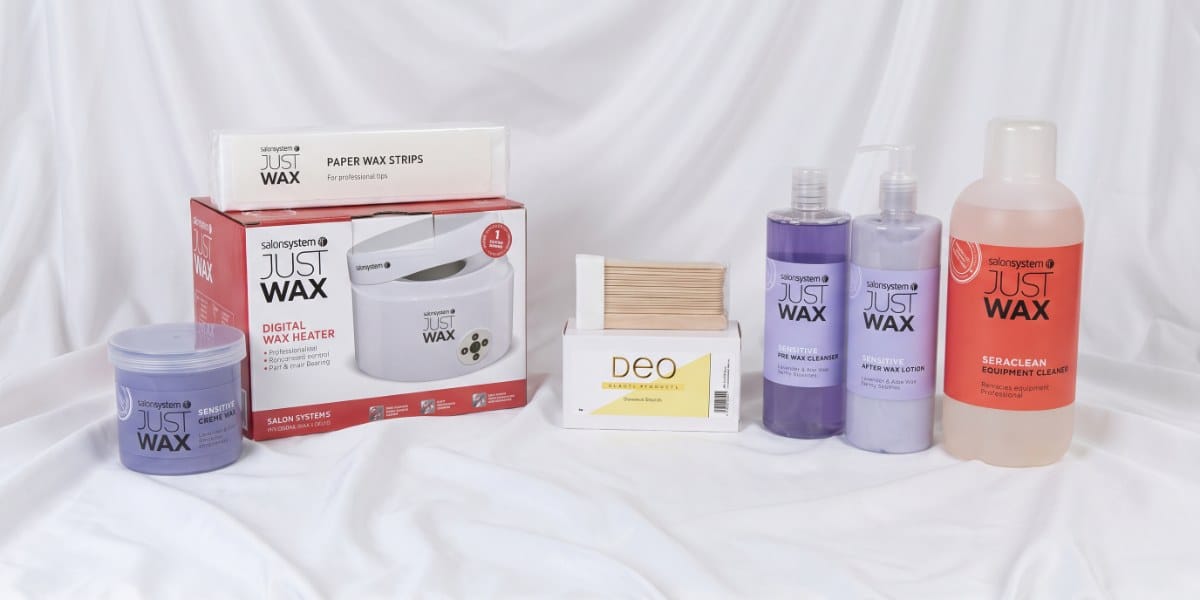 Waxing Kit: Salon System Just Wax heater, crème wax, pre and after-wax lotions, wax strips and Deo spatulas