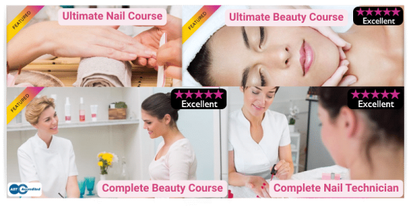 Collage showing Ultimate Nail, Ultimate Beauty, Complete Beauty and Complete Nail Technician courses